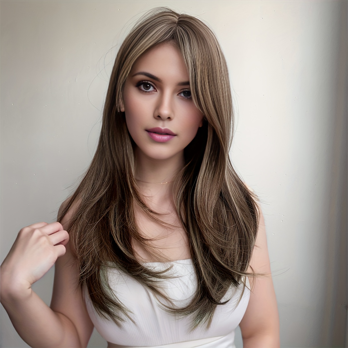 TEMU 2024 New Arrival Loose Wave Brown Long Synthetic Fiber Wig, Elegant And Artsy Style, Perfect For Daily Wearing, Breathable, Comfortable And Easy To Care For, 24 Inches W1627