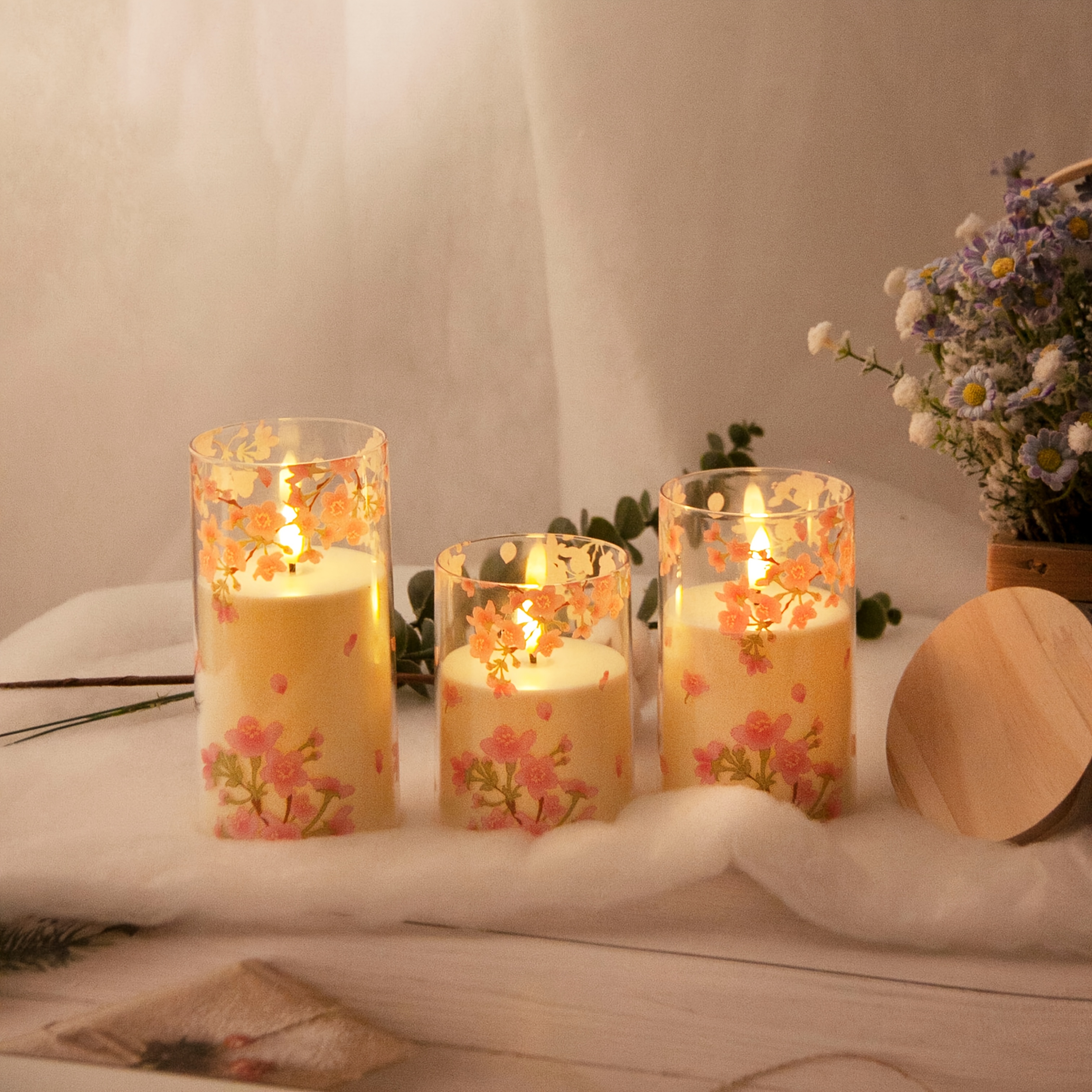 3 stuks Elegant Roze Peonie & Kersbloesem Kaars Set