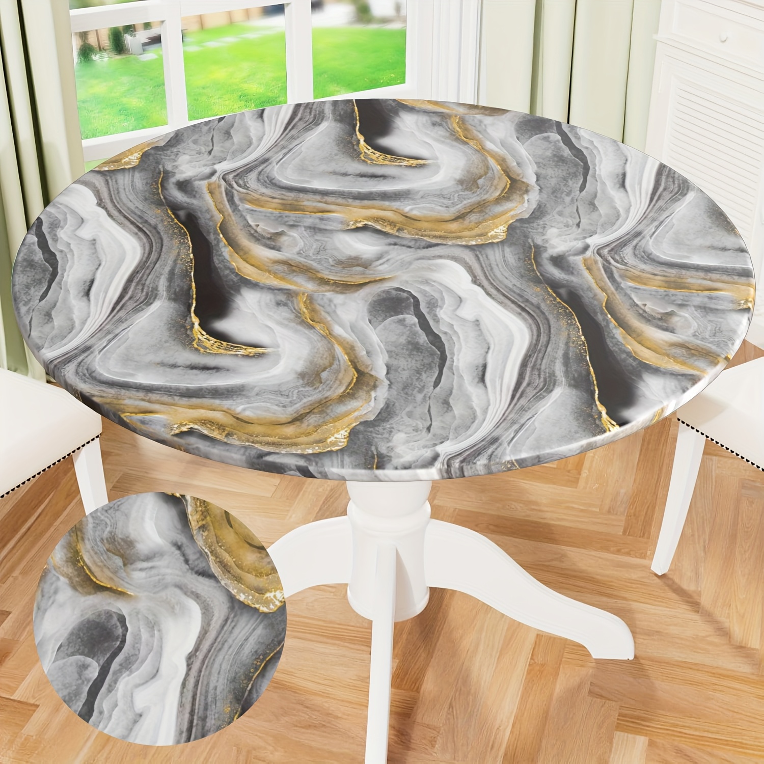 TEMU 1pc Round Gold-plated Marble Table Cover, Round Fitted Tablecloth With, Suitable For Kitchen Dining, Outdoor Activities, Picnics, Camping, Courtyard Parties, Kitchen And Dining S