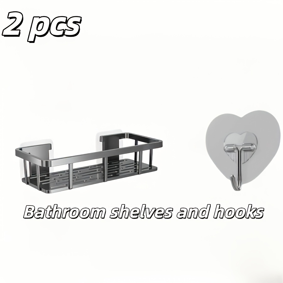 TEMU 2pcs Set (storage Rack And Hooks) - Black Thickened Non-drilled Storage Rack, Strong Adhesive That Won't Damage The Wall. Hollow Drainage Design