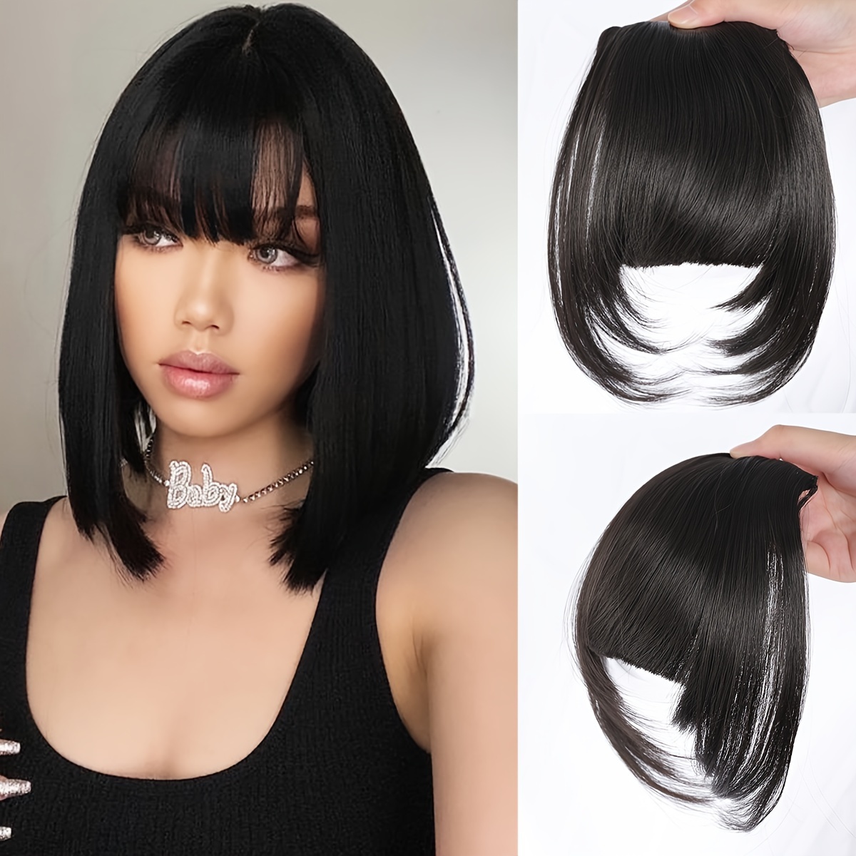 

Chic Clip-in Bangs Hair Extensions For Women - 6 Inch, Straight Synthetic Fringe With Temples In Brown, Black & White - Versatile French Style Fake Bangs For Casual Attire