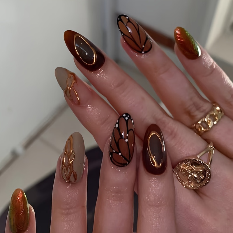 

Almond-shaped Brown Nail Tips With Butterfly Wing Design, Glossy Animal Pattern Short Press-on Nails, 24pcs Fake Nail Set