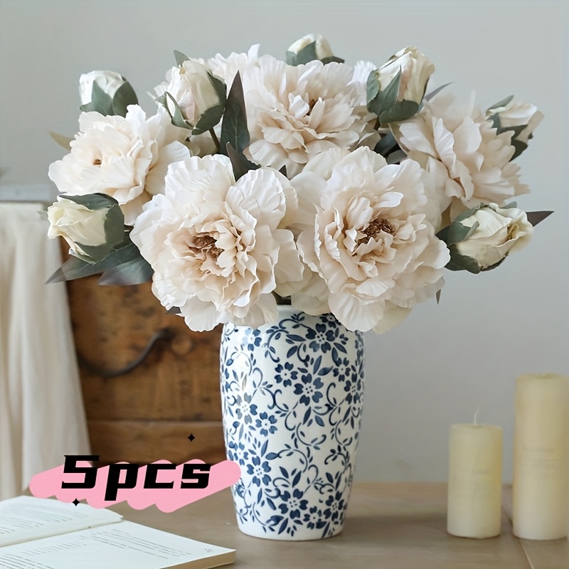 Image of 5pcs Elegant Vase Set - Realistic Artificial Peonies In Soft Pink, Brown, Green, Red, Golden, And Golden - No Electricity
