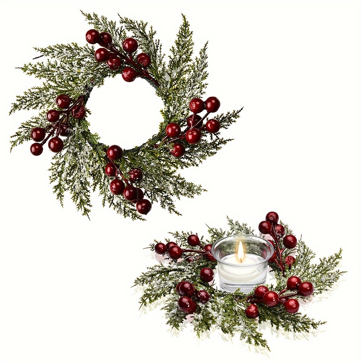 

2-pack Christmas Candle Rings - Plastic Freestanding , Pillar Candle Compatible, Decorative Red Berries & Greenery, Holiday Table & Door Decor For Christmas, Halloween, Easter, Thanksgiving