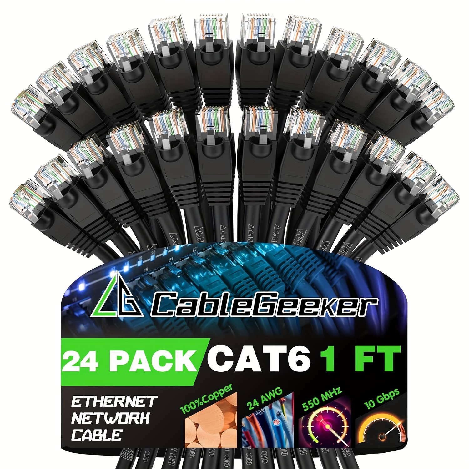 

Cablegeeker 24pack Cables 1/2/3ft, Ethernet , Snagless Rj45, Cat 5e , , Ethernet Cables, Network , Internet