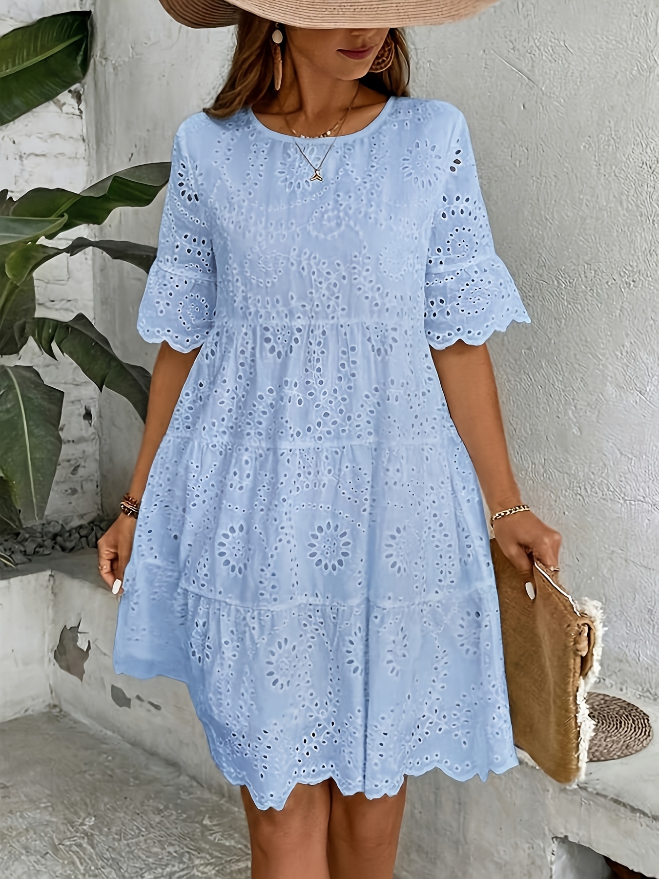 Women'* * Eyelet Round Neck * Hem Dress, Spring Summer Casual Beach Wear Dress