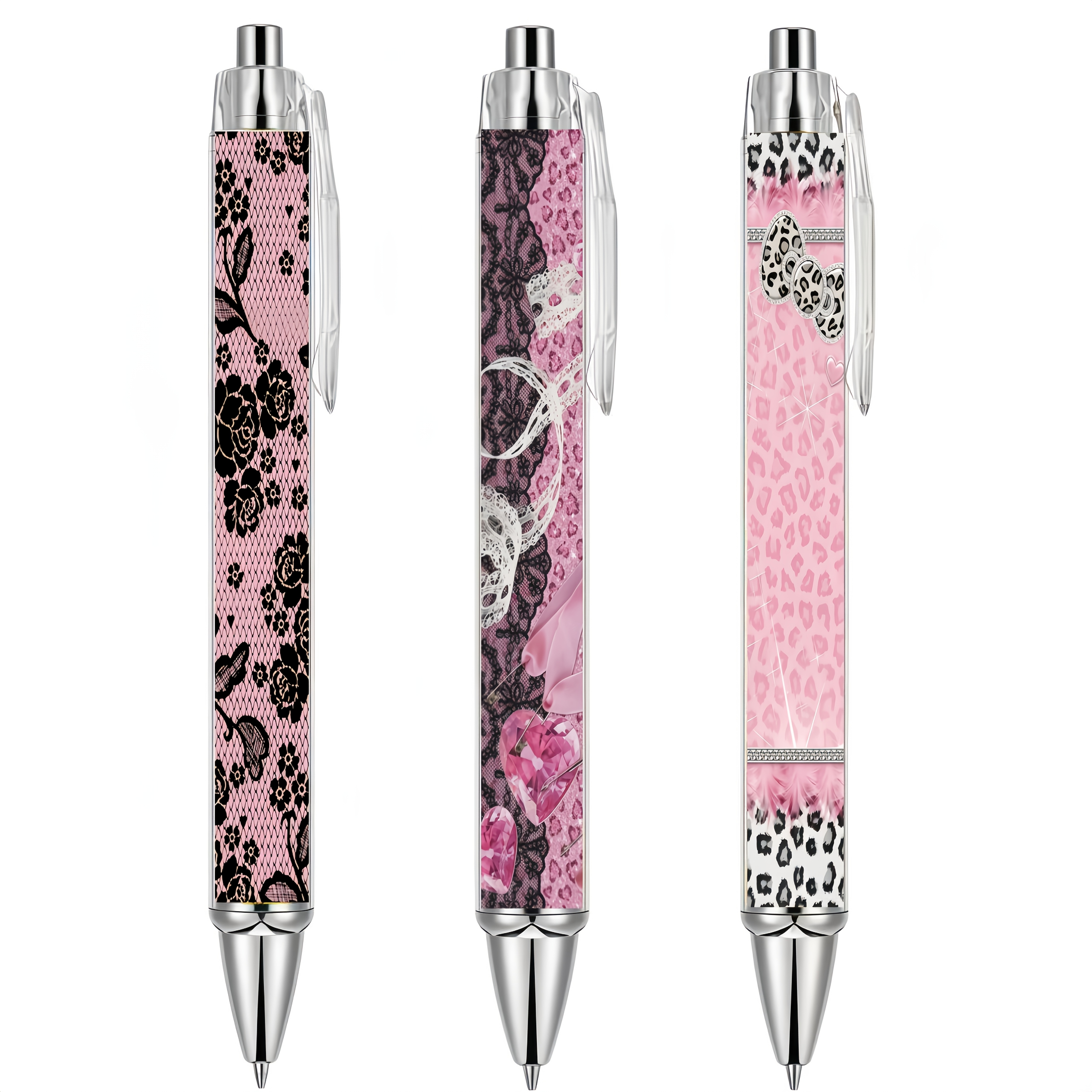 TEMU Y2k Sweet & Edgy Spicy Style 3-pack Pens - Lace Leopard Print, Glitter Heart & Sparkle Print High- Pens, Vintage Girly Creative Pens For