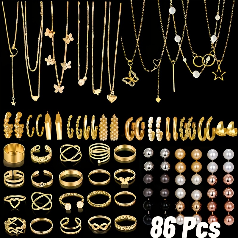 TEMU 86/34pcs Set Of Fashionable, Minimalist, And Elegant Boho-style Women's Earrings, Bracelets, Necklaces, And Rings; Featuring Heart, , And