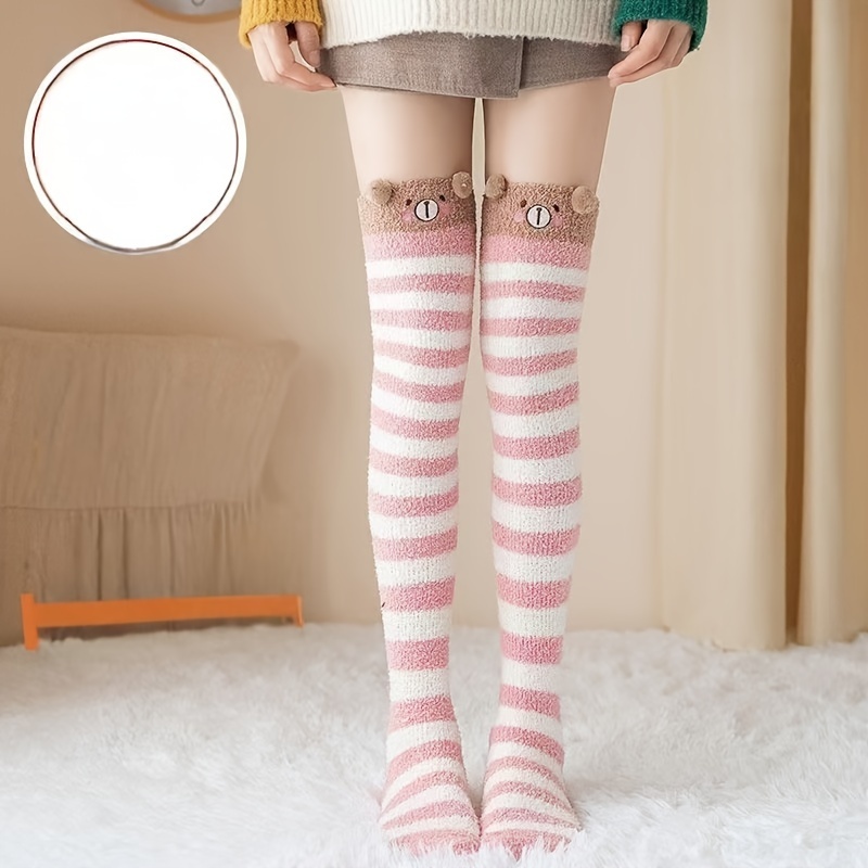 

1 Pair Winter Coral Fleece Warm Knee Protector Cute Cartoon Over-the-knee Socks For Women, Polyester 95%, Spandex 5%, Machine Washable