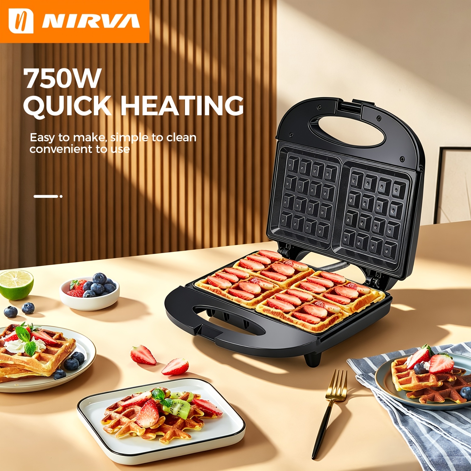 Nirva 750w Double Belgian Waffle Maker, 2- Square With Coating, Indicator Lights, Compact Upright Storage, Easy To Clean Electric Waffle Machine For Breakfast, Snacks & Desserts, Home Kitchen Use