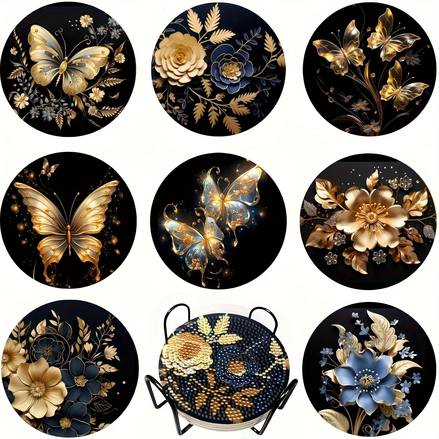 Image of 8pcs Diamond Painting Coaster Set With Stand, Suitable For Drinks And Coffee Table, Beginner Adult Diy Art Craft Gift Home Decor