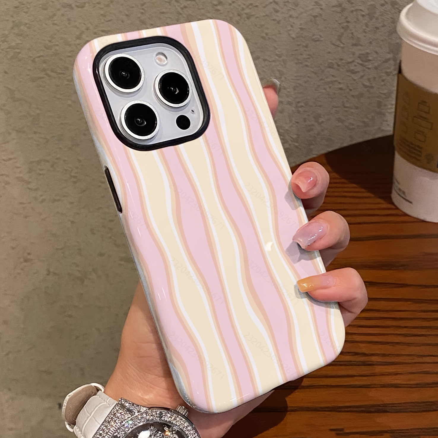 TEMU Phone Case: Light-colored Wavy Stripe Phone Case For Iphone 17, 17 Pro, 16 Pro Max, 15p, 13, 11, 12, Xs, 8 Plus, 7 - Glossy 2-in-1 Case