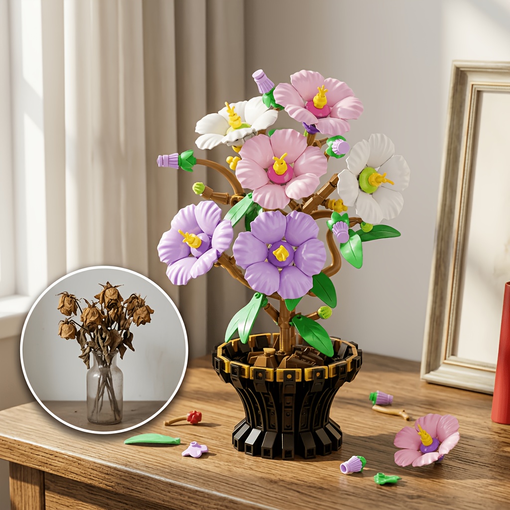 hibiscus potted building block ornament desktop decoration eternal flower series premium abs particles elegant     furniture warm decor   flower   mothers day gift   for women