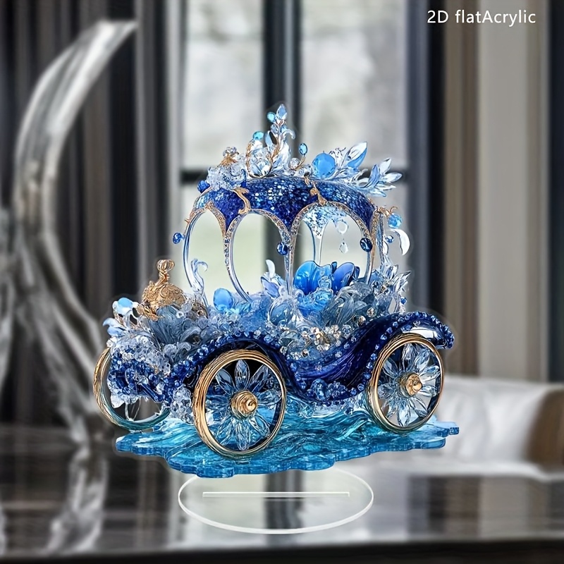 

2d Flat, [] Elegant Blue Acrylic Carriage Ornament With Golden Accents – 7.09" X 6.77" For Indoor & Outdoor Use, Perfect Gift For Holidays, Special Occasions, And Home Decor, Vintage