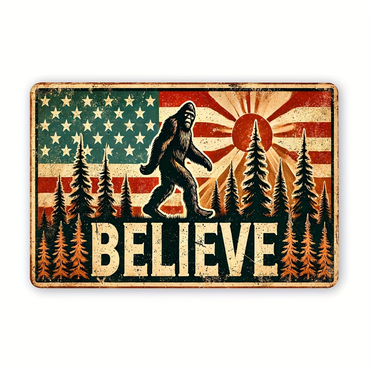 

Vintage American Flag "believe" Sasquatch Wall Decor Sign, Iron Metal Tin Signage For Home, Bar, Restaurant - 8x12 Inch Retro Iron Plaque With Forest And Sunrise Design (1 Piece)