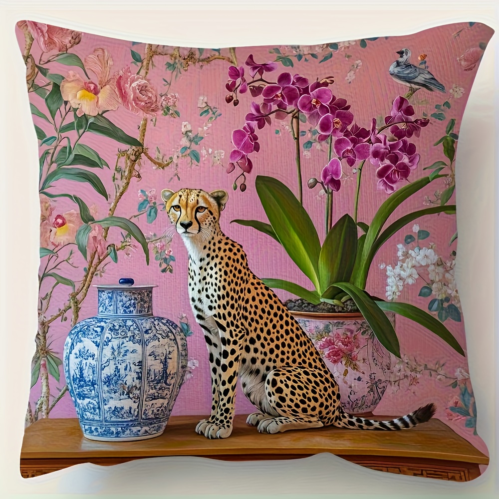 TEMU 1 Short Plush Decorative Pillowcase - Leopard Print And Orchid Chinese Style, 18x18 Inches, Double-sided Printing, Zipper Closure, Machine