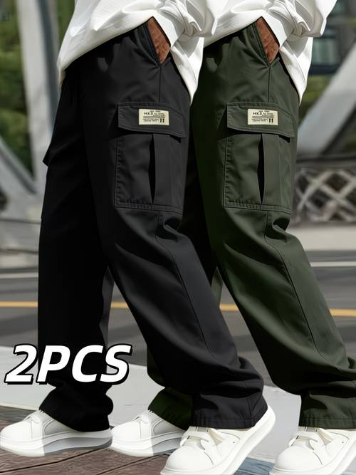 item picture 2pcs mens multi pocket cargo loose casual trousers