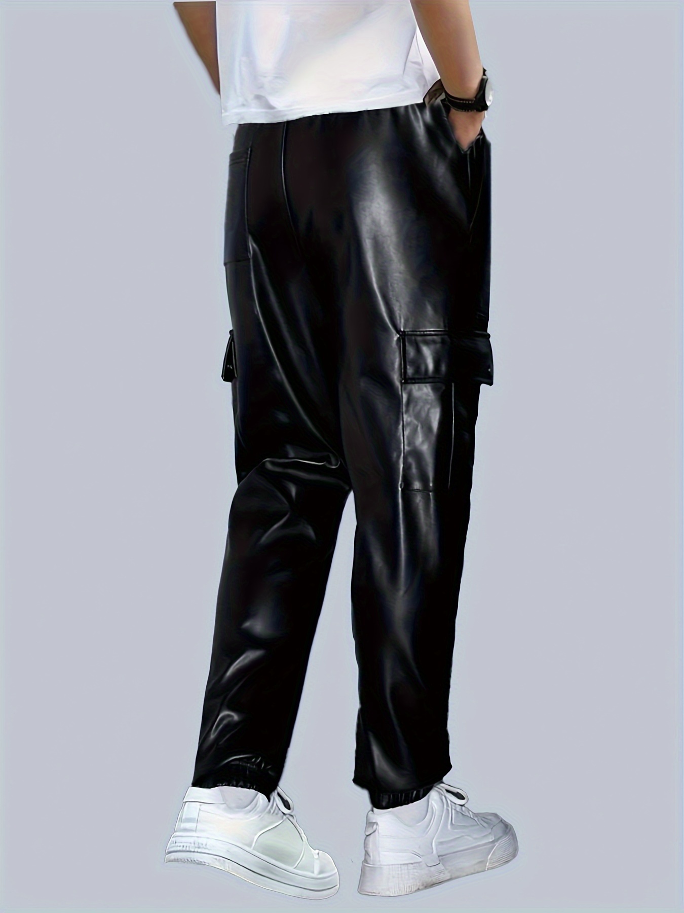 Men's Casual Pu Leather Pants Chic Flap Pocket Stretch Biker - Temu