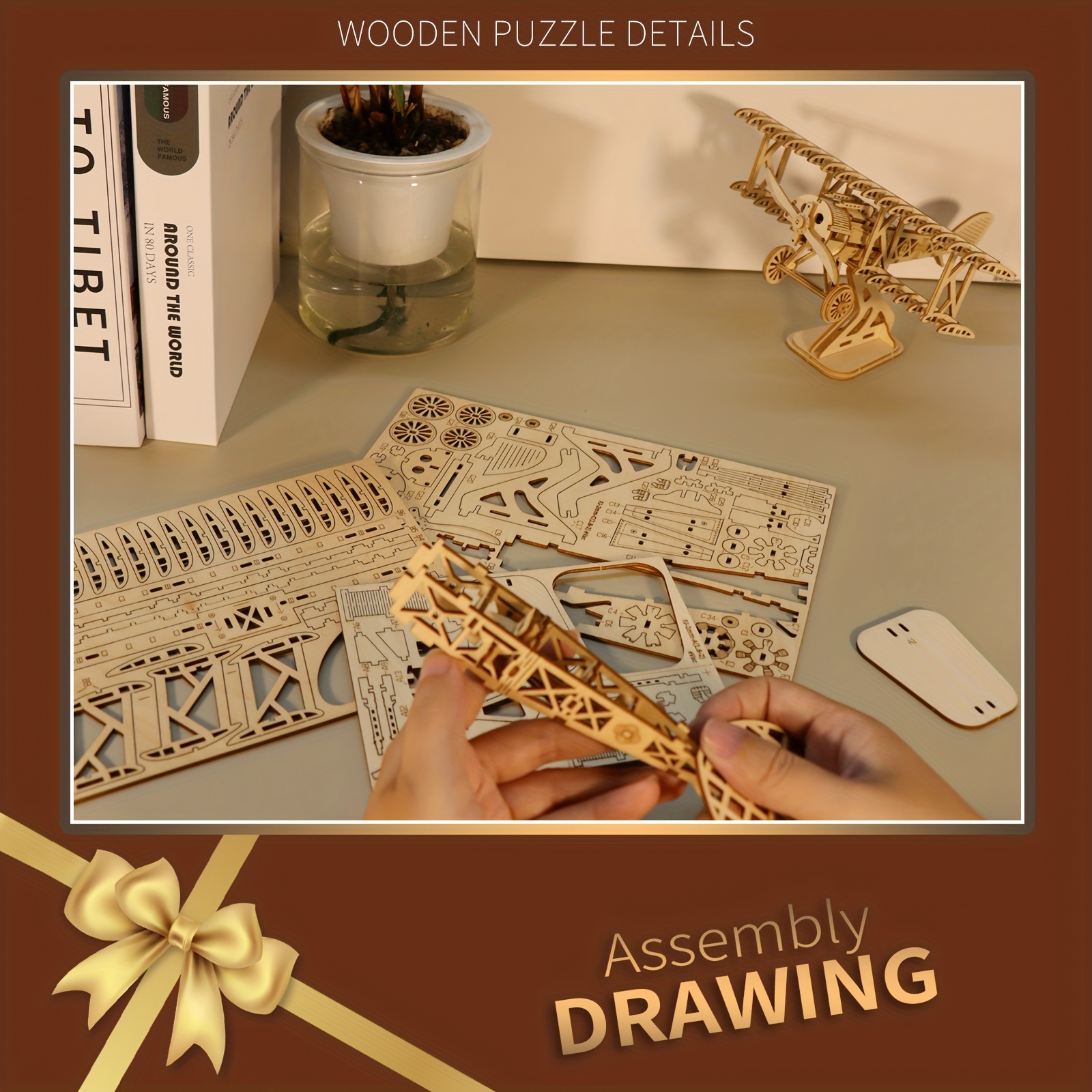 2pcs 3D Wooden Puzzle Mechanical Train and Bi-Plane Model Kits