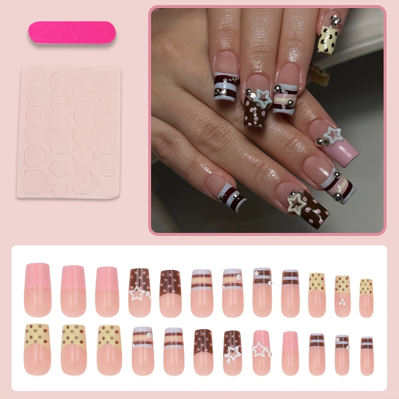 TEMU 24pcs Faux Ongles Press-On Y2K pour et les Fêtes - Faux Ongles Carrés Moyens avec Rayures et Pois Marron-Rose, Étoile 3D et Strass, Faux Ongles