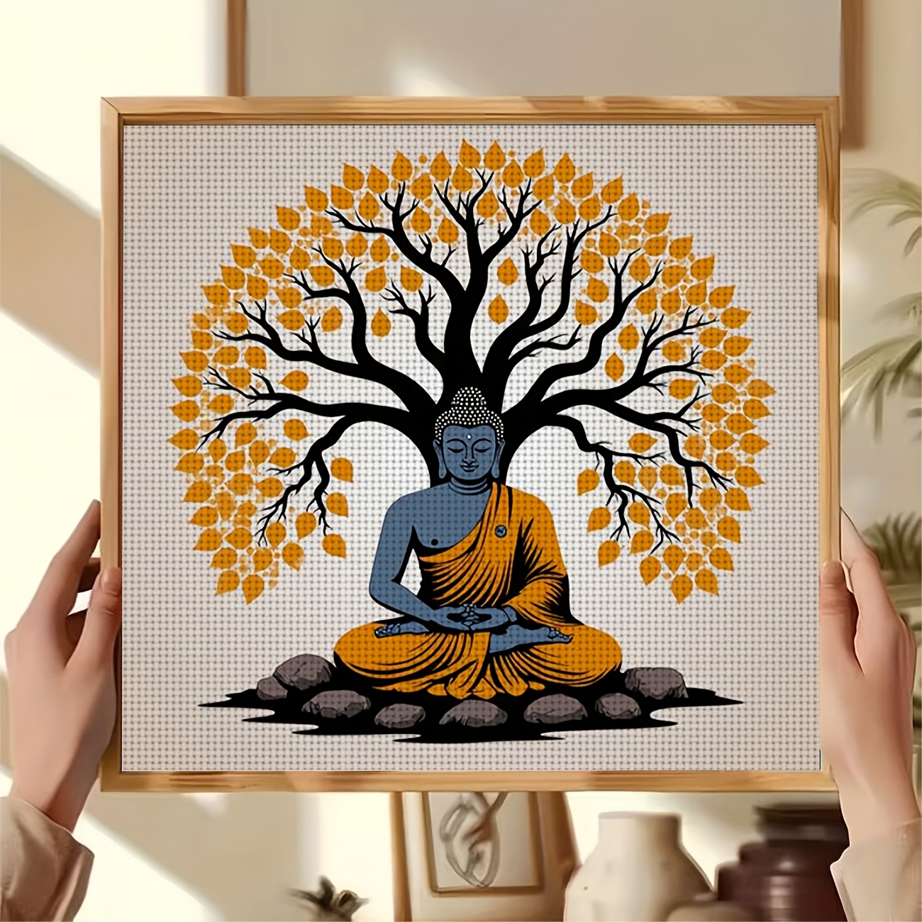 Printed DIY Cross-Stitch Kit, Frameless, Buddha Statue Under Bodhi Tree
