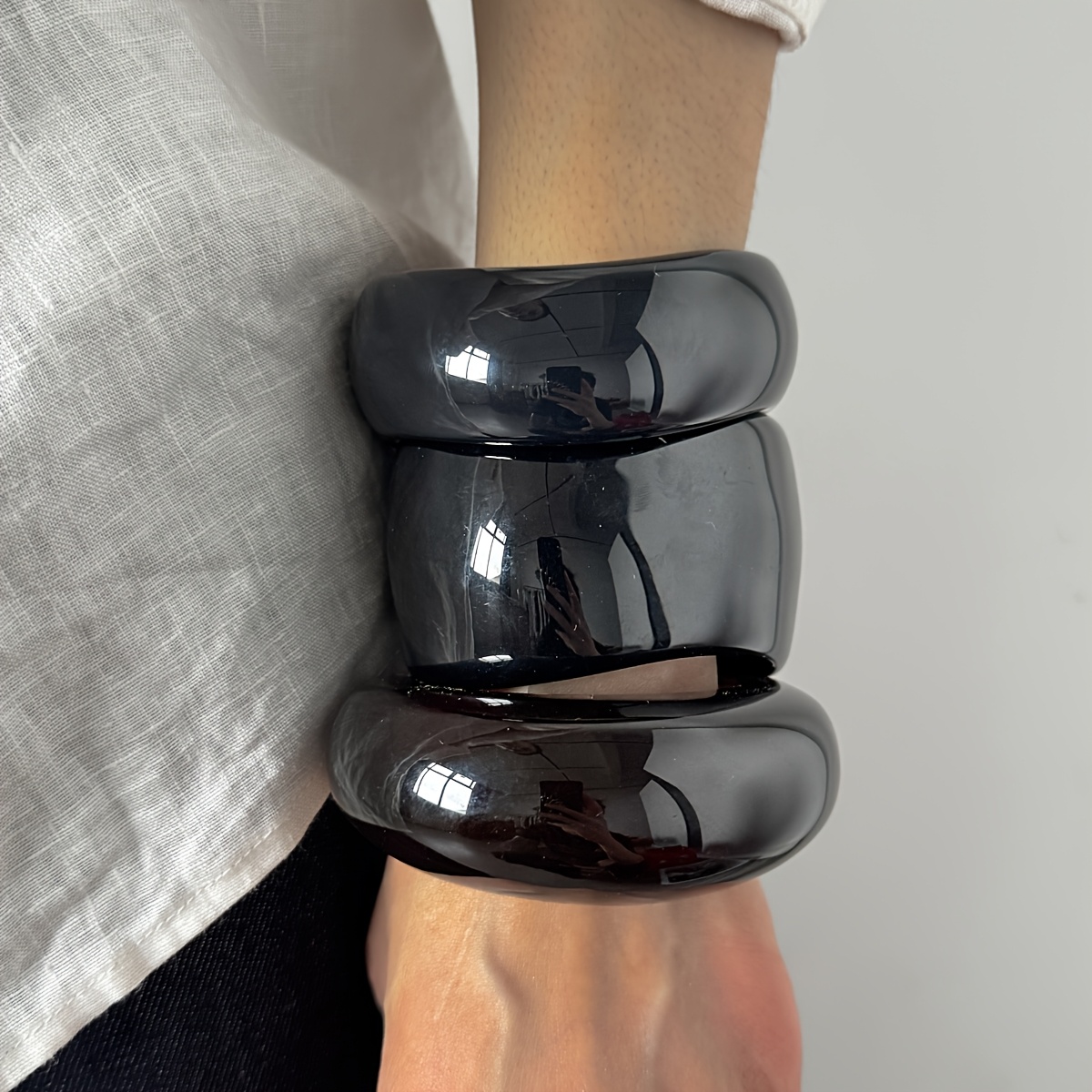 3pcs Black Resin Bracelet Set, Minimalist Collection