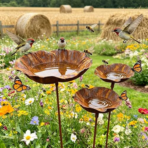 3-tlg. vintage-vogelfutterstelle aus schmiedeeisen mit rost-optik, fügt sich natürlich in ihren garten . die schale dient zwei zwecken, hält sowohl wasser als auch futter. stehend in ihrem garten zieht sie schmetterlinge an, verleiht ihrem kleinen innenhof lebendigen charme bringt