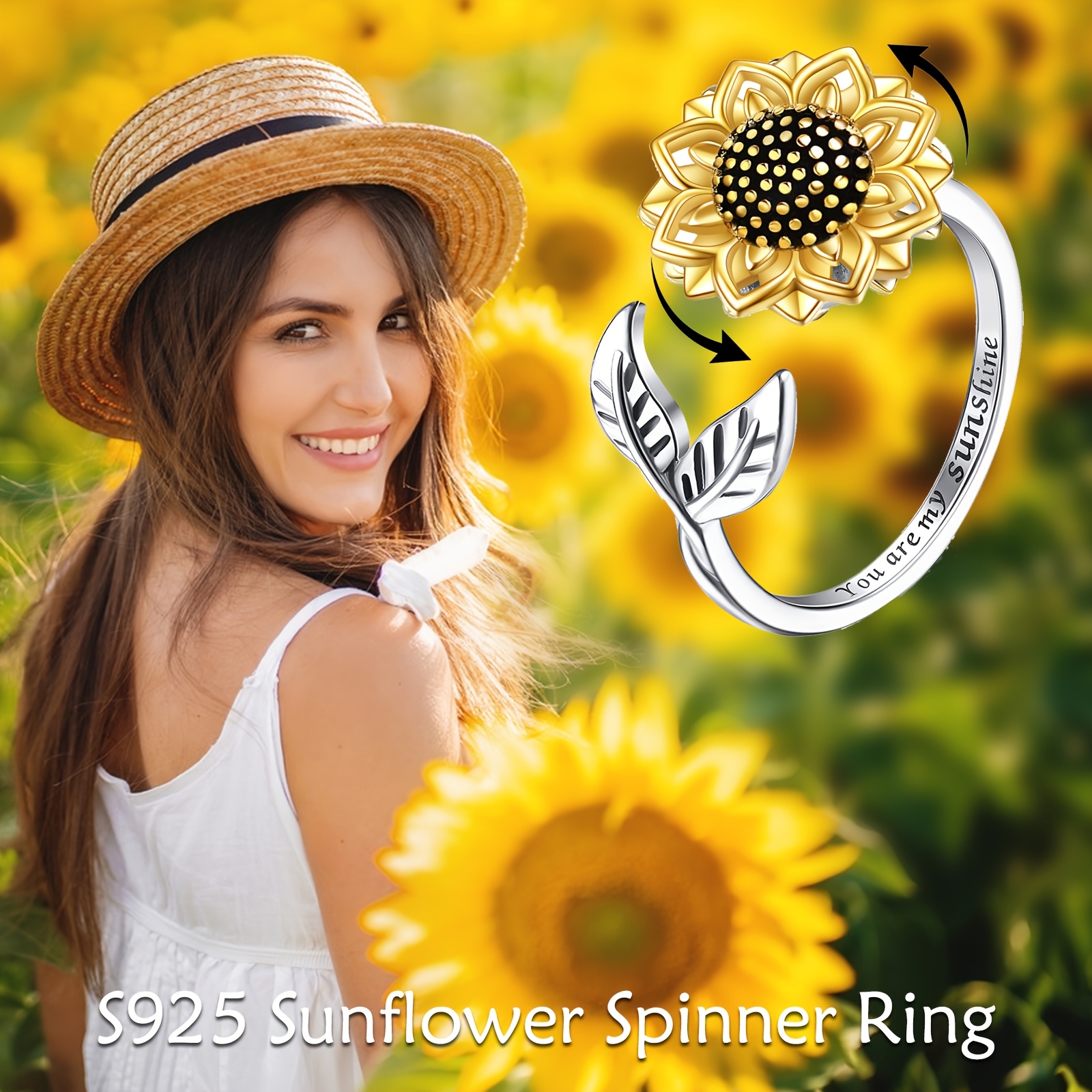 Sunflower Spinner Ring for Women in 925 Sterling Silver