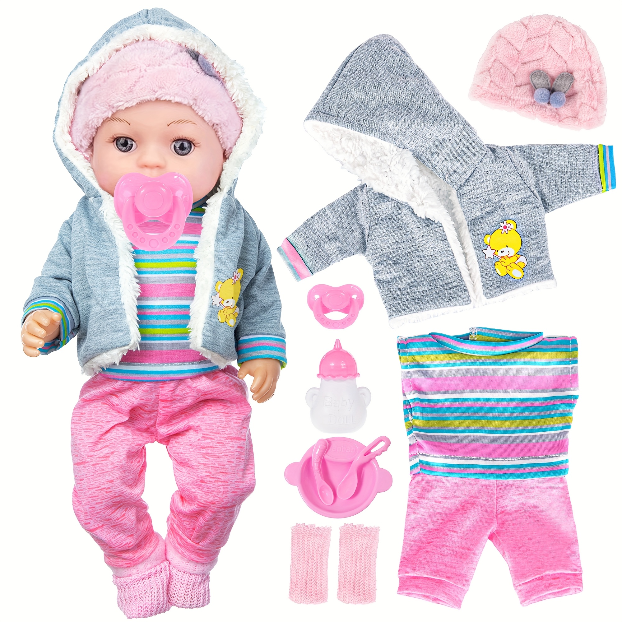 TEMU 12 Inch Baby Doll With Clothes Accessories Playset: A Doll, Hat, Coat, Romper, Soft Socks, Tableware, Feeding Bottle, Diapers, For 3+ Years Old Gifts