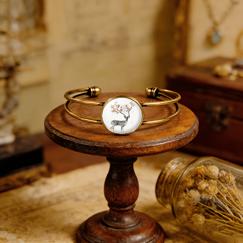 Women's Antique Cyan Double-Layer Adjustable Opening Bracelet with Deer Design