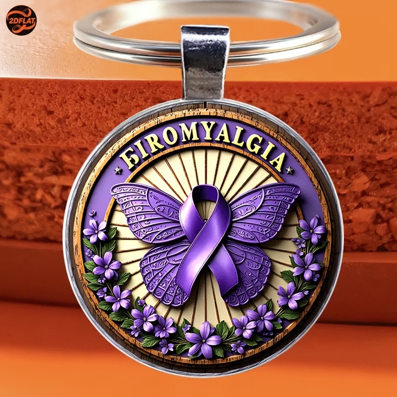 TEMU 2d Flat, New 2d Fashion Vintage-style Fibromyalgia Themed Bow Floral Badge Keychain, Purple Ribbon With Floral , Elegant And Inspirational