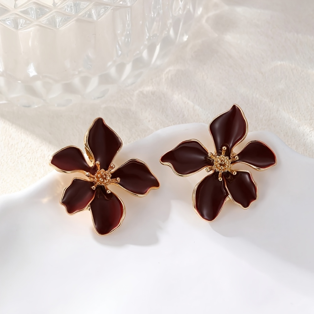TEMU 1 Pair Fashionable Elegant Glaze Burgundy Five-petal Flower Stud Earrings Suitable For Festive Parties, Daily Commute Wear