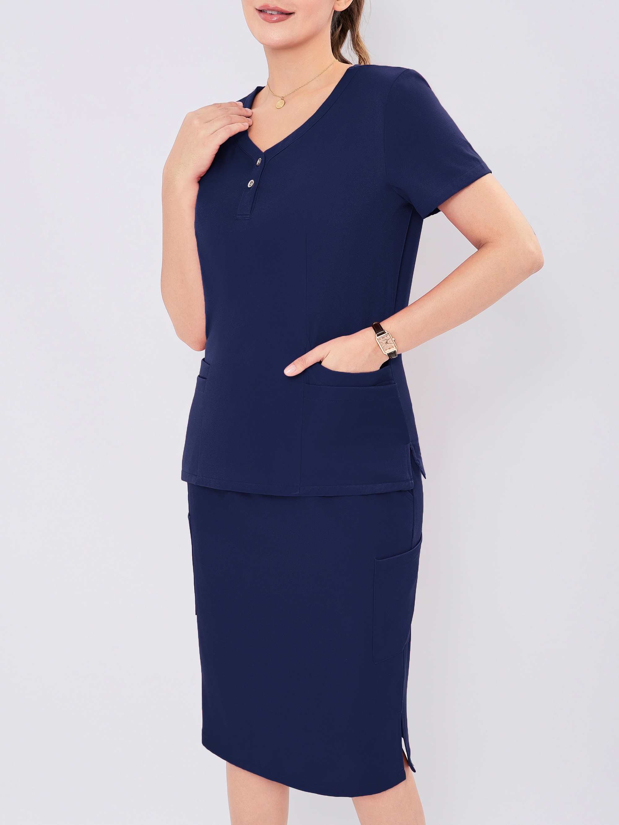 Kadın V Yaka Düğmeli Ameliyat Forması Seti, Şık Kısa Kollu Güzellik Salonu Tıbbi El Yıkama Üniforması, Polyester Karışımı, Rahat Stil, Normal Kalıp, Düz Renk, Düz Kol, Cepli Diz Boyu Etek, Kazak Üst