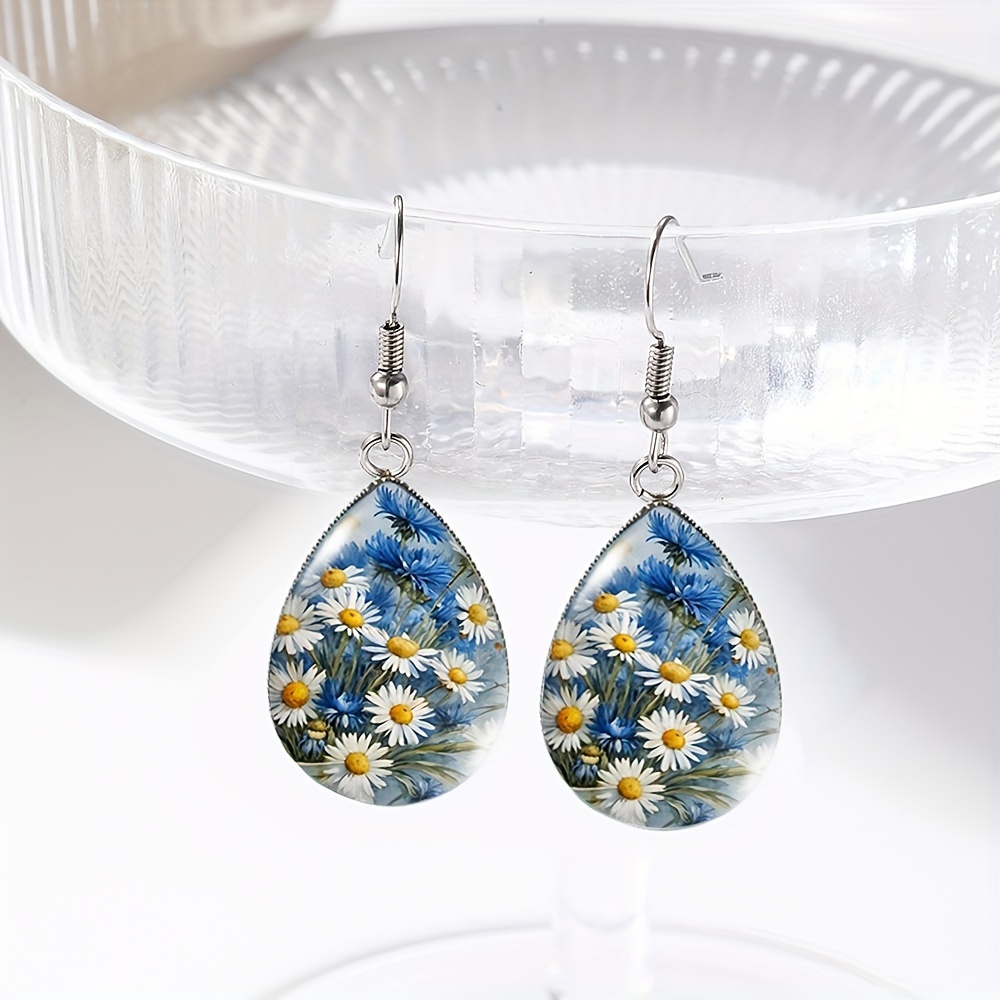 TEMU 1 Pair Daisy And Teardrop Earrings Handmade Glass Dome Dangle Earrings Jewelry