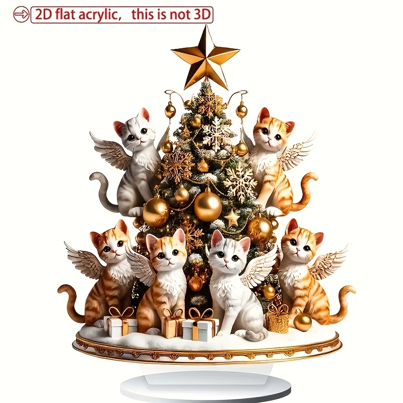 

2d Flat 2d Flat Acrylic Christmas Cat Scene - Kittens With Trees And Golden Accents, Holiday Decorations, Cat Lovers And Gifts.