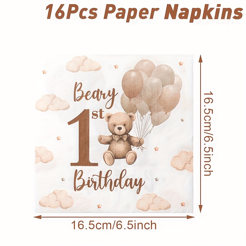 Image of 16pcs Of Brown Bear Themed Disposable Napkins Featuring A Cute , Perfect For Birthday Celebrations, Baby Showers, , And Dining Table Settings