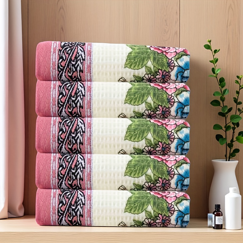 Image of 5pcs Pure Cotton Printed Gauze Towel Set, Super Absorbent, , Beautiful Floral Pattern Towels, Non-shedding Face Towels, Suitable For Daily Use, Gift-, And Decoration