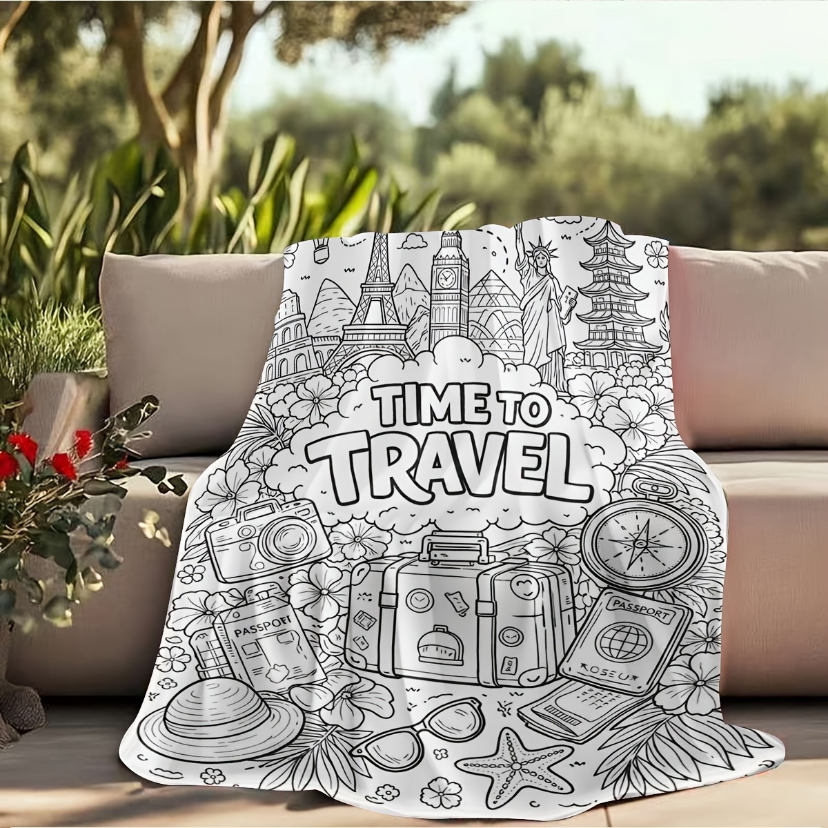 TEMU Flannel Travel-themed Coloring Blanket, Black And White Line Drawing Of World Landmarks, Diy Colorable Air Conditioning Blanket, Suitable For