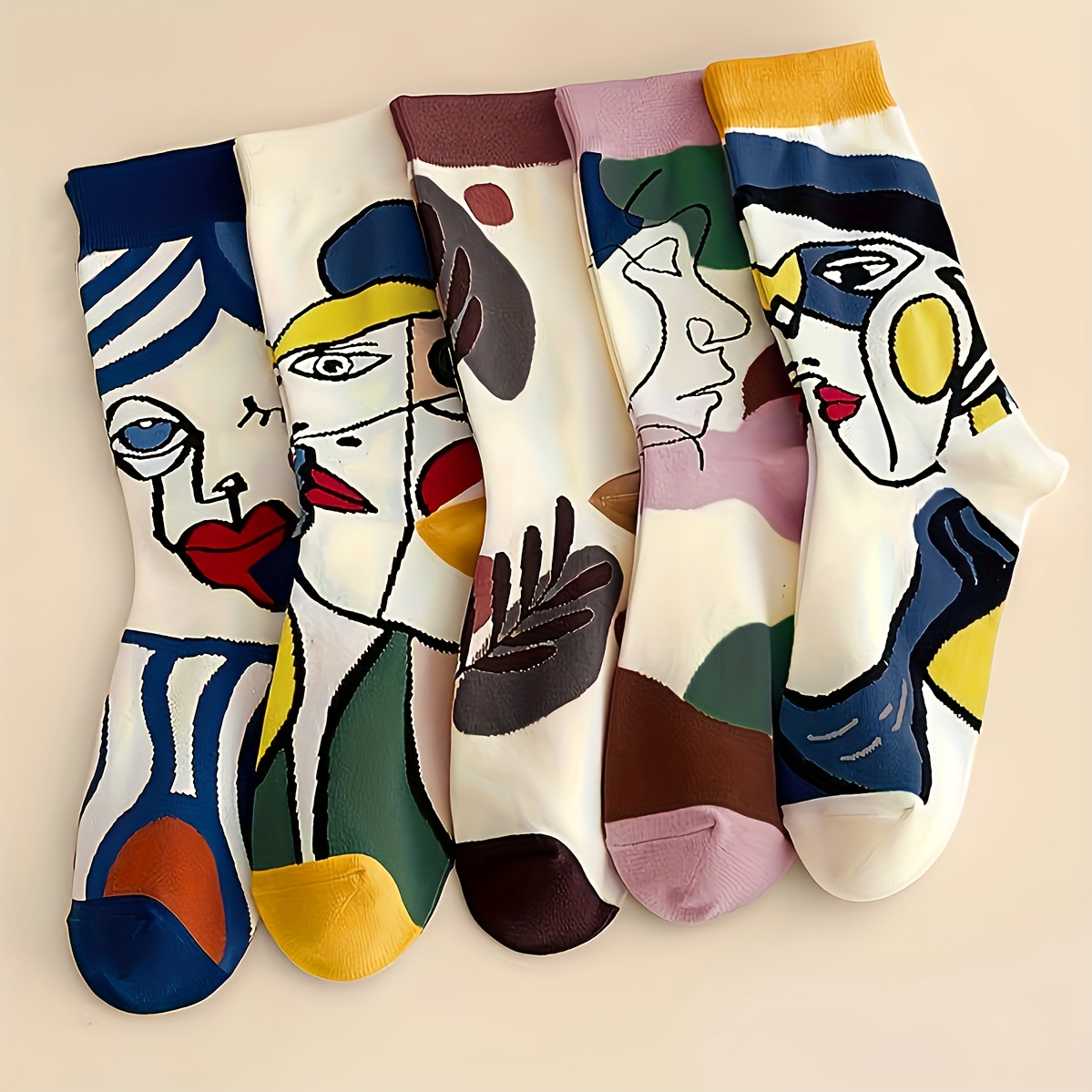 Image of Mixed Color Random - 4 Pairs Of Oil Painting Art Face Mid-tube Couple Socks