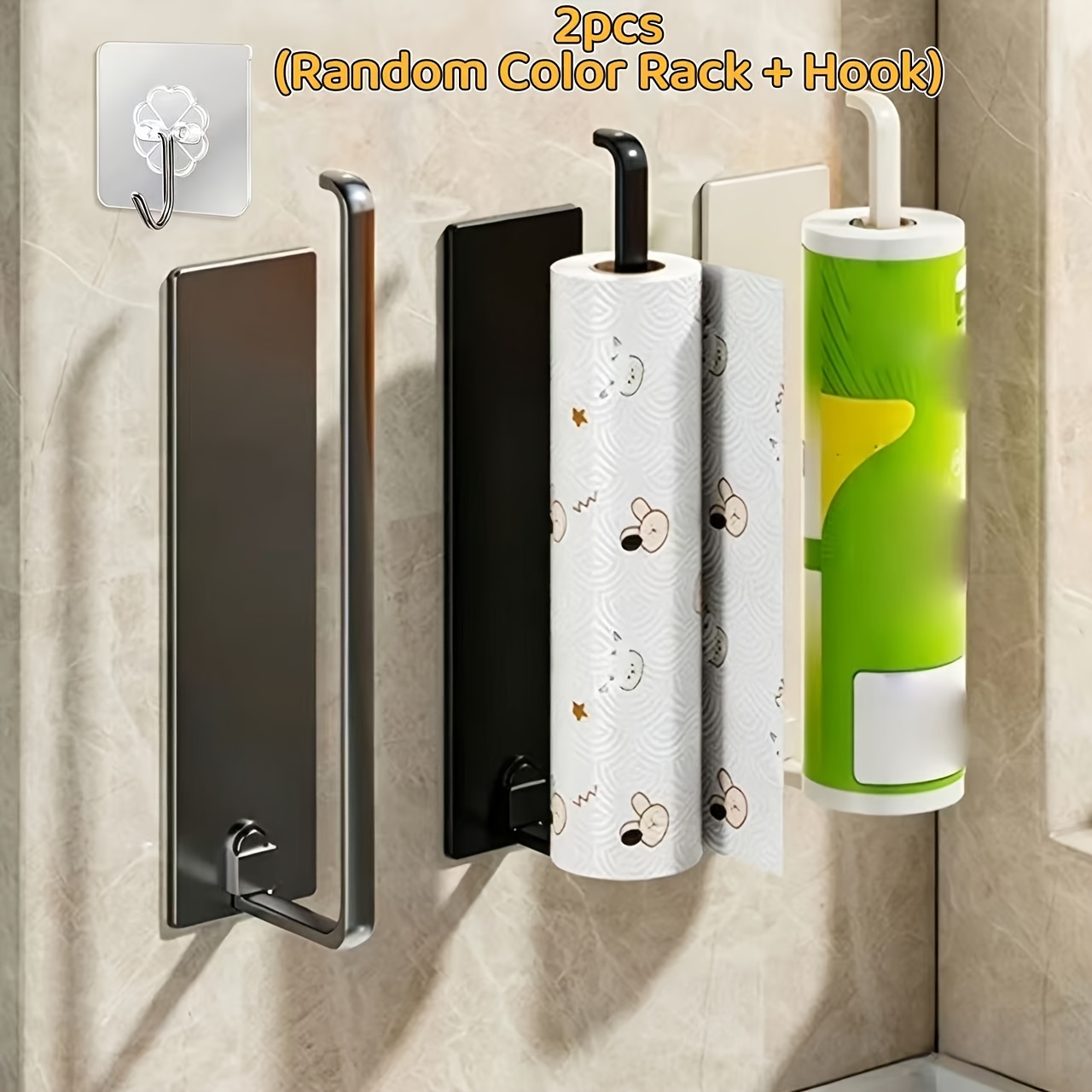 TEMU 2pcs Set: Random Color Hanging Tissue Holder + Strong Damage-free Adhesive Hooks - Multi-functional Roll Paper Storage Rack, Suitable For