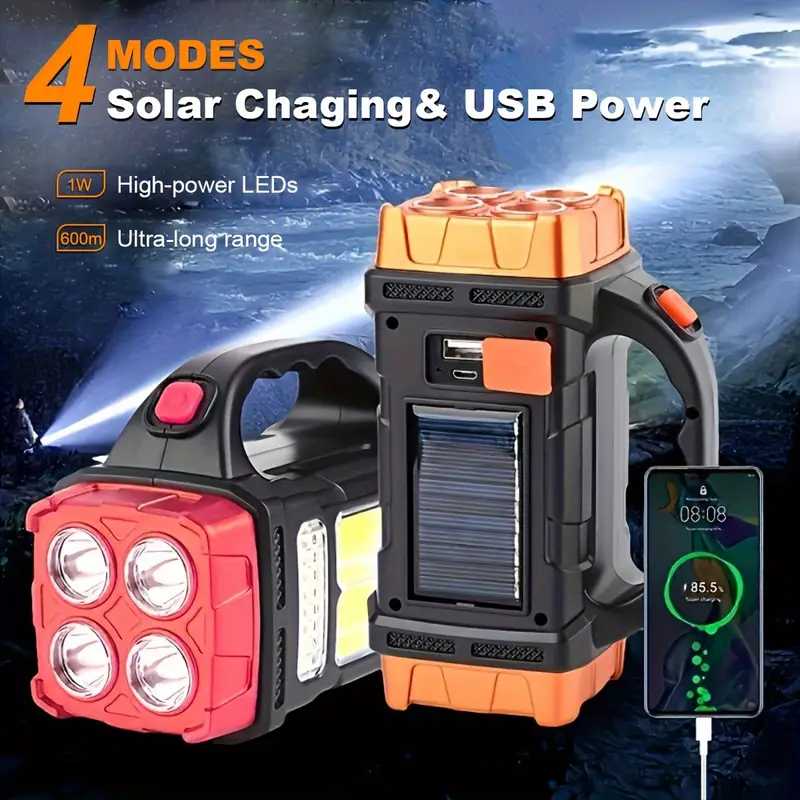 1pc solar powered led flashlight usb rechargeable cob side light multi modes lighting portable searchlight lamp for outdoor hunting boating camping and home emergency details 4