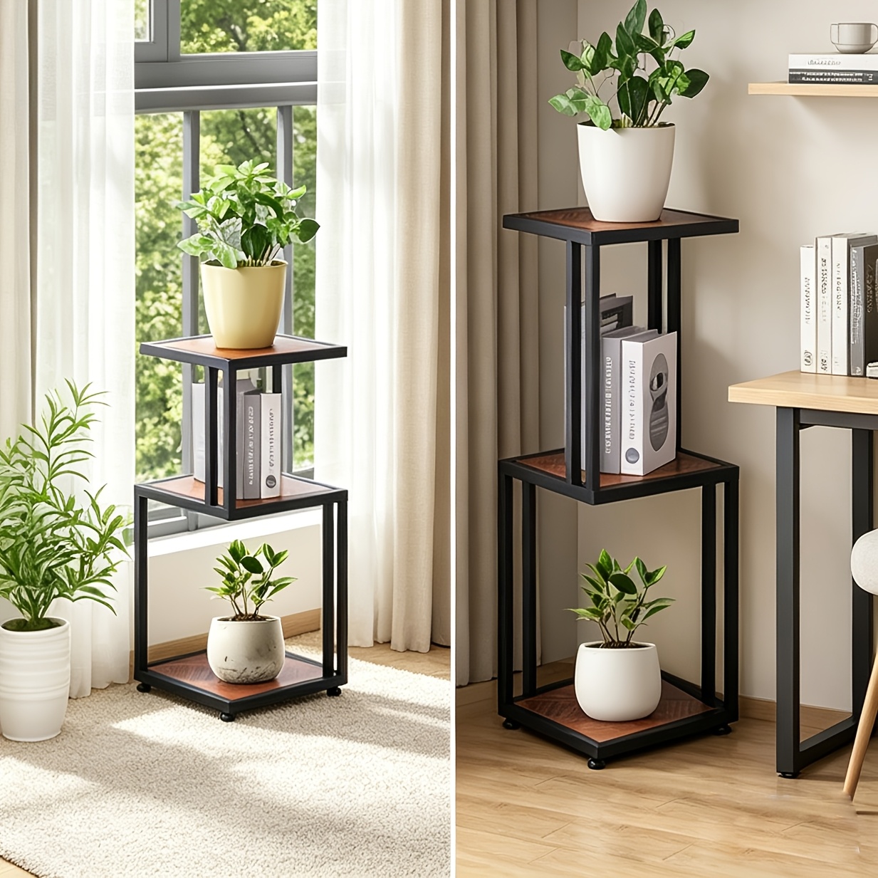 3-Tier Nightstand, Industrial Bedside Table with Open Storage Shelves, Wood Top Metal Frame End Table, Space-Saving Side Table for Small Spaces, Living Room, Bedroom, Ideal for Lamp, Books, Plants