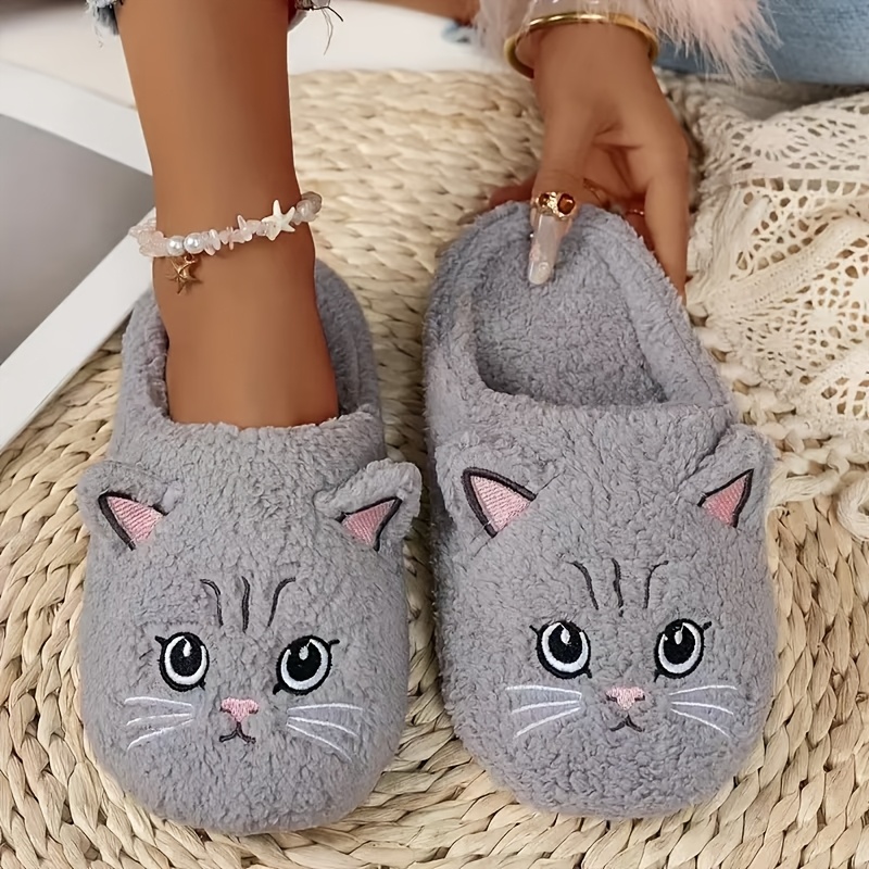 TEMU New Autumn/winter Cartoon Soft-soled Quiet Cat Slippers, Bedroom Floor Silent Slippers, Women's Cute Plush Embroidered Furry Slippers, Unisex