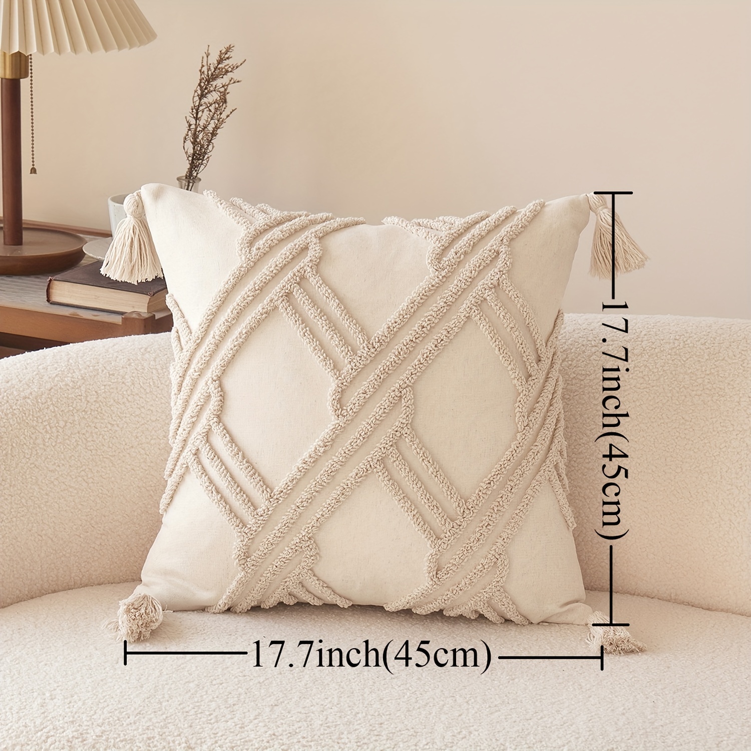 1pc, Natural Linen Blended Pillowcase, Geometic Pillowcase with Tassel Decoration, Single Side Tufted Embroidery, 44.96*44.96cm, Suitable for Sofa, Living Room, Bedroom Home Decoration, No Pillow Core
