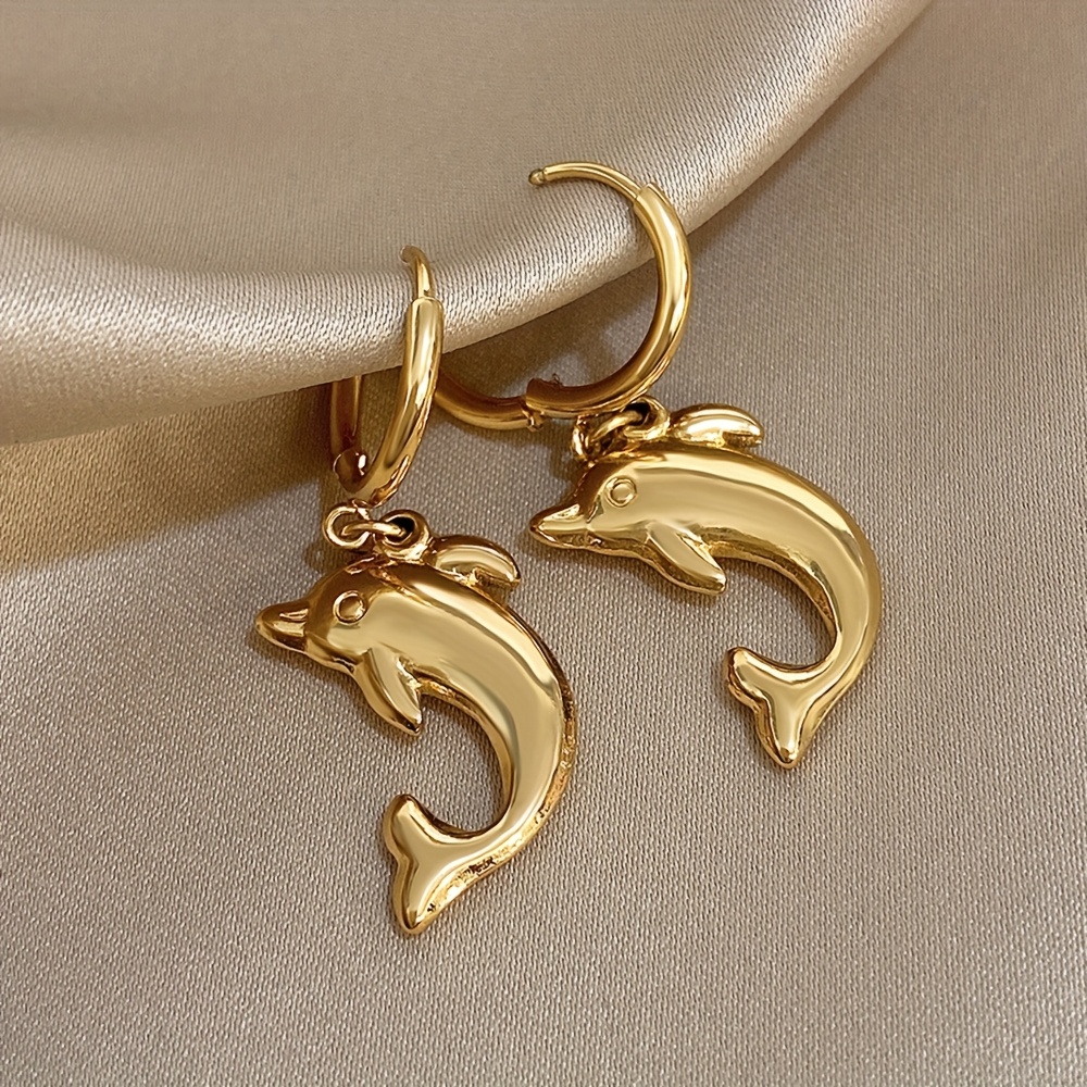 TEMU 1pair Stainless Steel Lovely Dolphin Drop Earrings For Women Vintage Animal Earring Charm Elegant Daily Party Holiday Jewelry Gift
