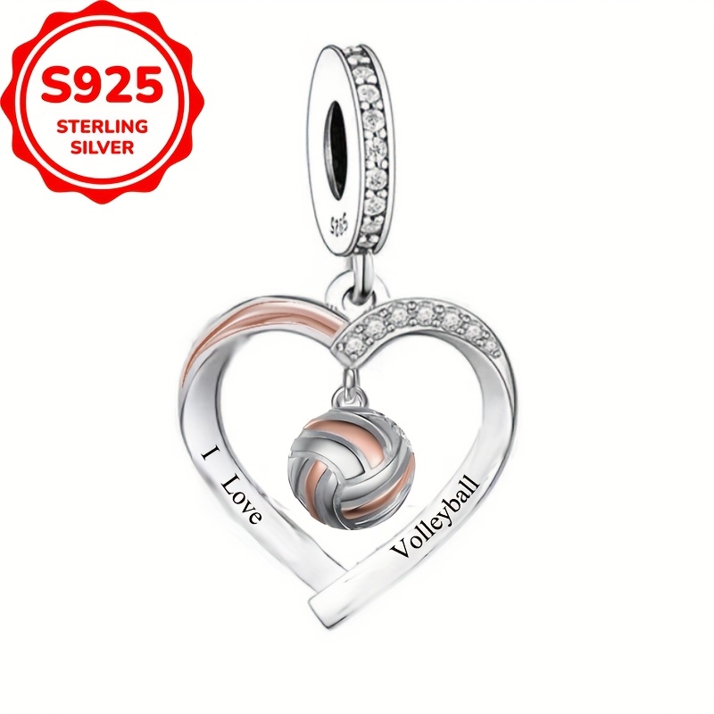 TEMU 1pc 925 Sterling Silvery Volleyball Heart Shaped Design Bracelet Or Necklace Charms Beads Making Birthday Or Father's Day Gift