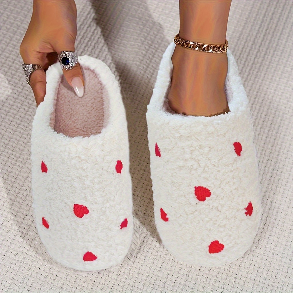 

Warm Heart Pattern Slippers, Casual Slip On Plush Lined Shoes, Comfortable Indoor Home Valentine's Day Slippers