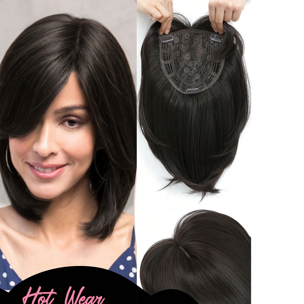 

7x7 Inch Hair Topper For Women: Large Base Cover For Thinning Hair, Synthetic Toppers With Brown Highlights, Straight Hair Style