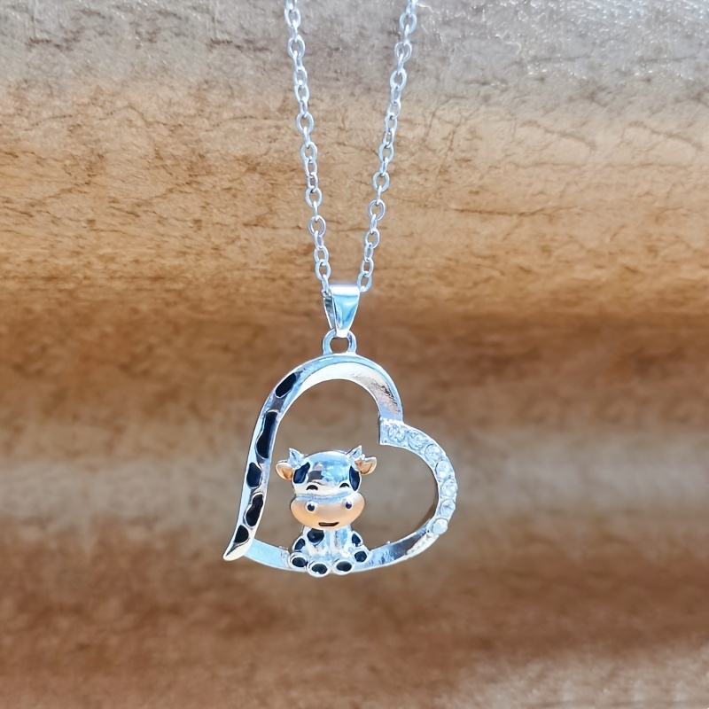 TEMU 1pc Cute Cow Animal Heart Pendant Necklace For Women, Suitable For Daily Wear, Valentine's Day Birthday Party Gift Jewelry