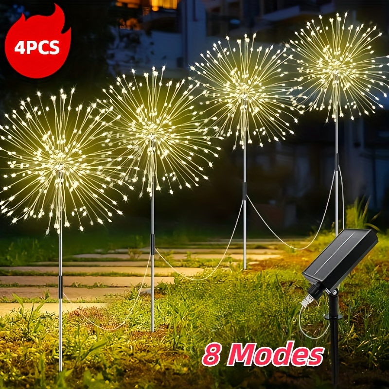 

4pcs Solar Led Firework Garden Lights, 8 Modes Dimmable Pathway Lights, Solar-powered Outdoor Christmas Decoration For Yard Pathway - Warm White